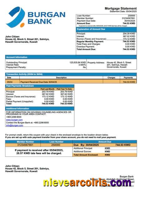 Kuwait Burgan Bank mortgage statement Word and PDF template